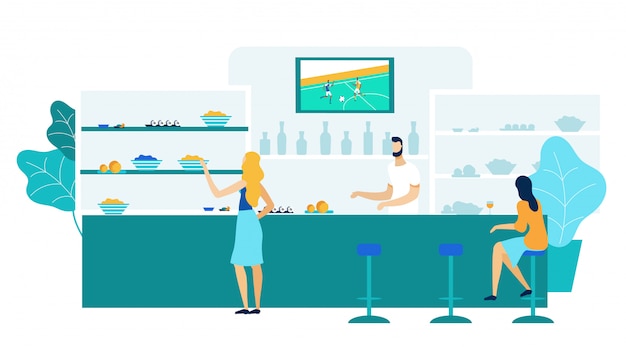 Mulheres jovens em bar, ilustração plana de Pub