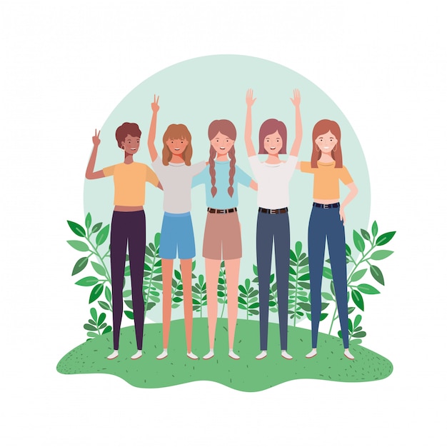 Mulheres jovens, ficar, com, paisagem, ilustração