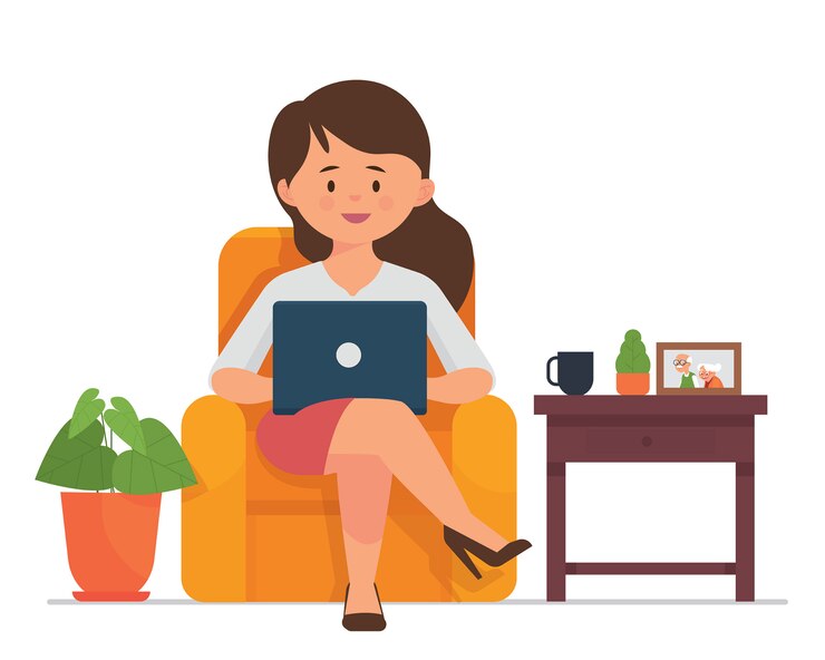 Vetor mulheres jovens se sentar e trabalhar com laptops em casa