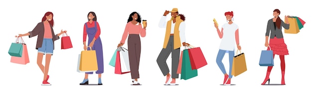 Mulheres jovens segurando sacolas de compras coloridas elegantes personagens femininas se divertindo ao fazer compras ilustração