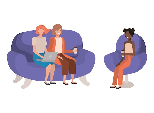 Mulheres jovens sentado no sofá personagem de avatar
