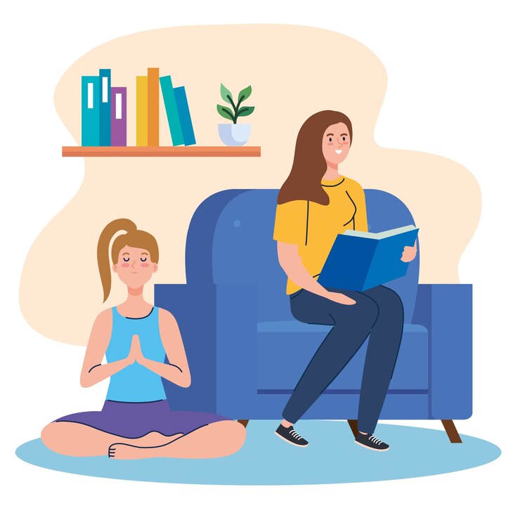 Vetor mulheres lendo e fazendo ioga em casa design de tema de atividades e lazer