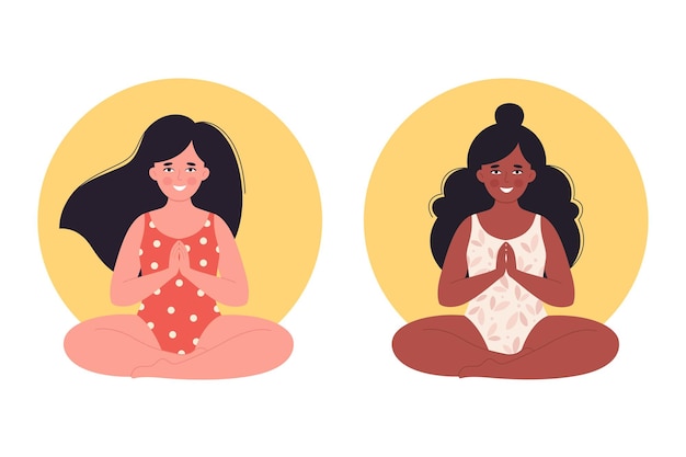 Mulheres meditando em pose de lótus. estilo de vida saudável, ioga, relaxe, exercícios respiratórios. dia mundial da ioga