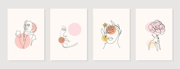 Mulheres minimalistas de linha abstrata moderna enfrentam artes definidas com diferentes formas para decoração de parede po