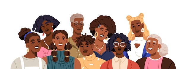 Vetor mulheres negras felizes, retrato de grupo. meninas afro-americanas de moda de diferentes idades juntas. pessoas modernas sorrindo, comunidade de personagens femininas. ilustração vetorial plana isolada em fundo branco.