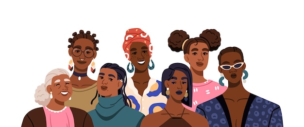 Vetor mulheres negras, retrato de grupo. personagens femininas africanas e latino-americanas juntas. equipe de meninas modernas e elegantes, comunidade de raça, etnia. ilustração vetorial plana isolada em fundo branco