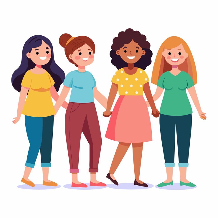 Vetor mulheres ou meninas felizes de pé juntas e de mãos dadas um grupo de mulheres desenho animado plano