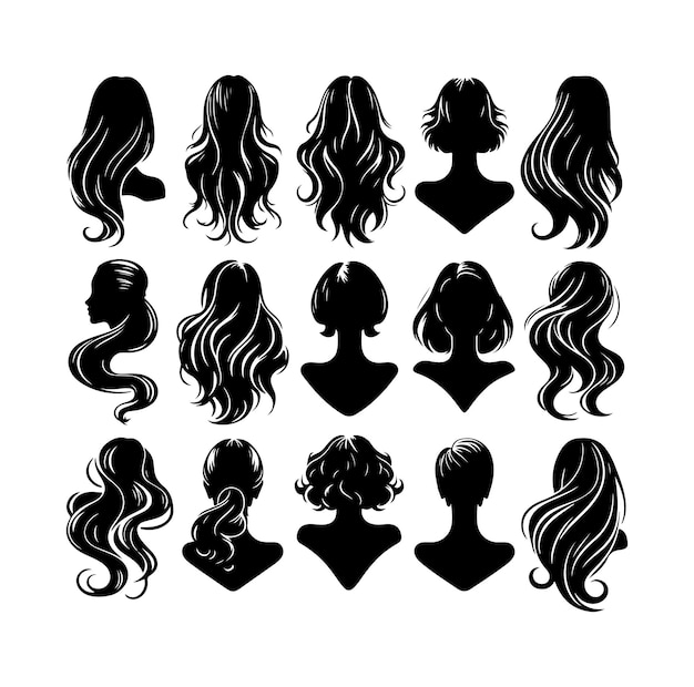 Vetor mulheres perucas penteado atrás ícones conjunto silhueta ilustração vetorial