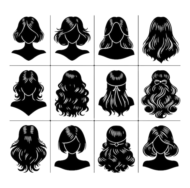 Vetor mulheres perucas penteado atrás ícones conjunto silhueta ilustração vetorial