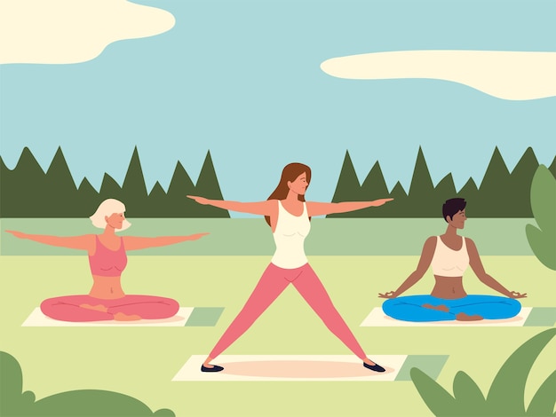 Mulheres praticando ioga na natureza