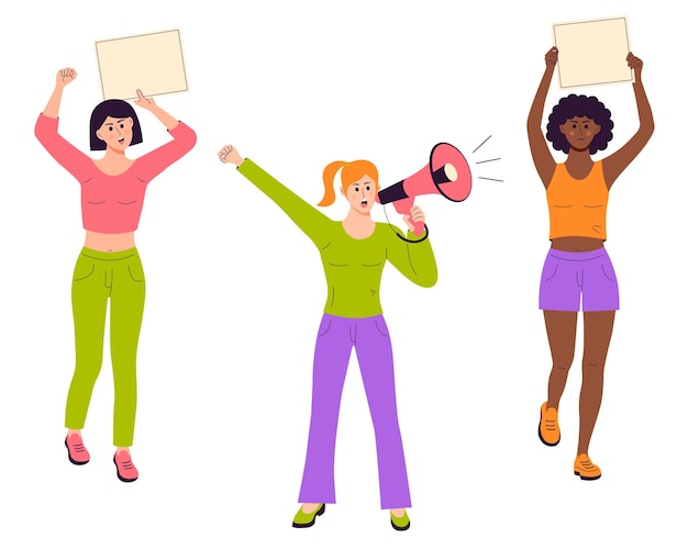 Mulheres protestam com faixas vazias atacam voz de demonstração de rua com megafone