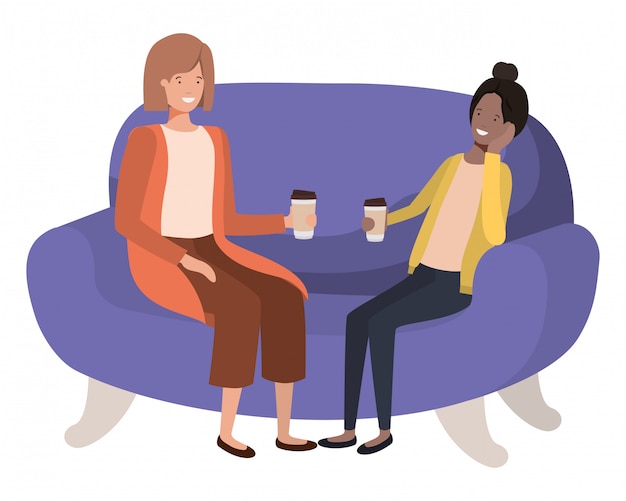 mulheres sentadas no sofá com personagem de avatar de recipiente de café