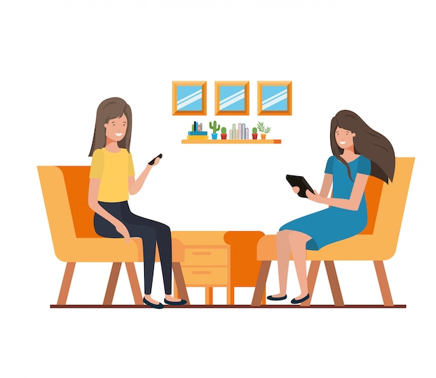 Mulheres, sentando, trabalho, escritório