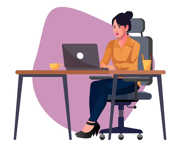Mulheres trabalhadoras sentadas em cadeiras e usando ilustração vetorial de laptop