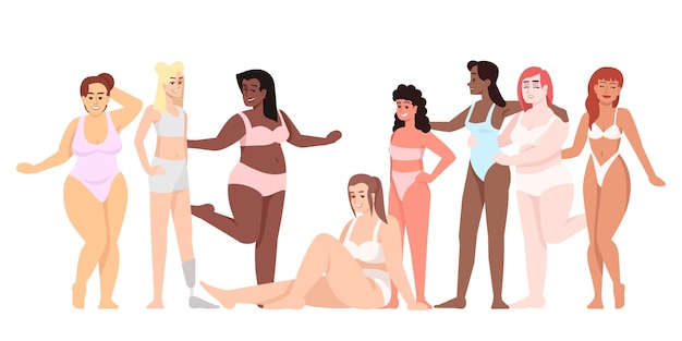 Mulheres vestidas com maiôs ilustração vetorial plana corpo positivo luta pela igualdade e feminismo senhoras sorridentes de diferentes nacionalidades isolaram personagem de desenho animado no fundo branco