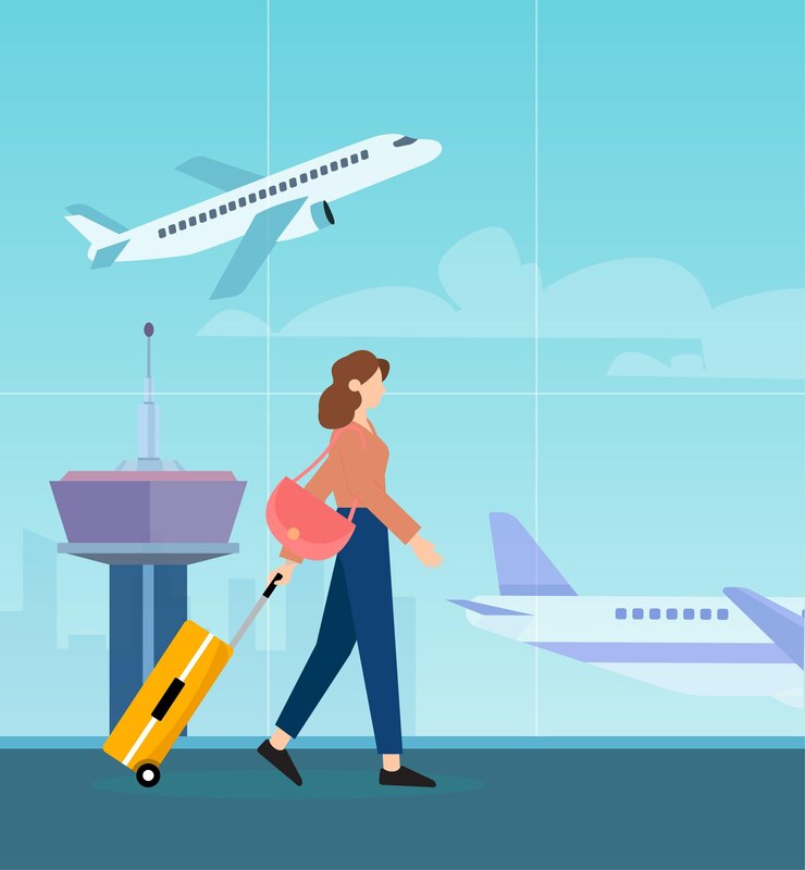 Vetor mulheres viajando no terminal do aeroporto com mala para embarcar no avião.