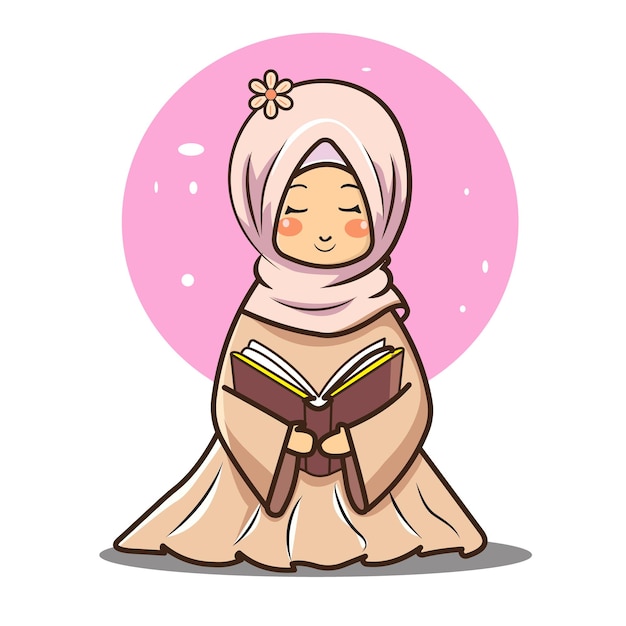 Vetor mulsim menina lendo o alcorão conceito de ramadã menina muçulmana com ilustração hijab