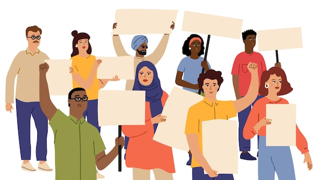 Multidão de demonstração de pessoas Manifestantes seguram cartazes Pessoas caucasianas indianas afro-americanas segurando banners vazios Conceito de vetor de reunião internacional ou multicultural