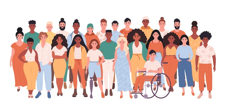 Vetor multidão de diferentes pessoas de diferentes raças, tipos de corpo, pessoa com deficiência. multicultural