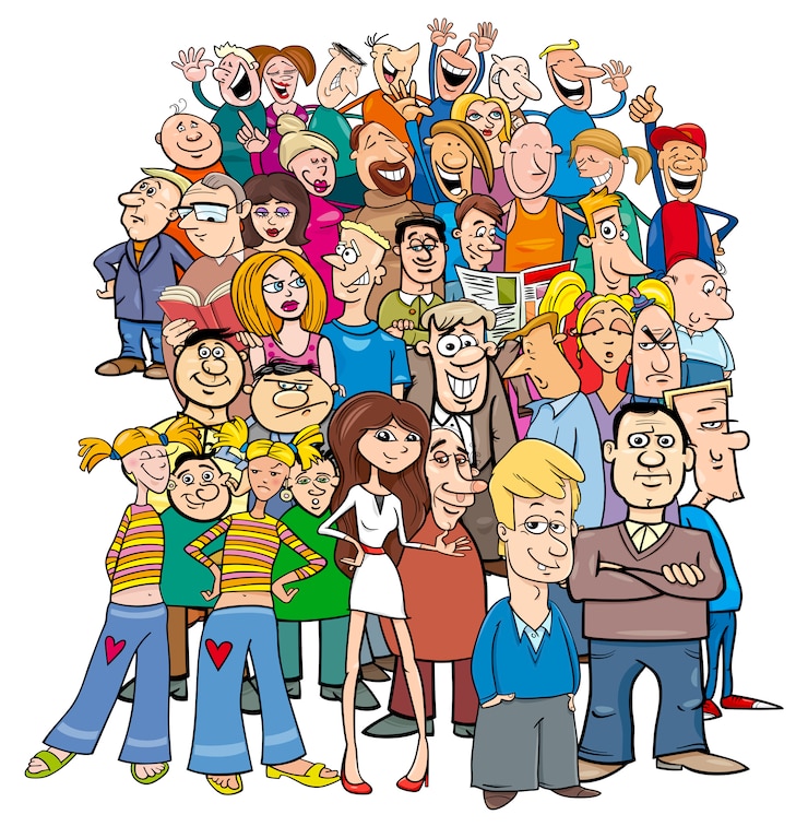 Vetor multidão de personagens de personagens de desenhos animados