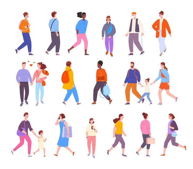 Multidão de pessoas caminhando ao ar livre Caminha adultos ou jovens na cidade, rapazes estilosos, meninas, família, criança ativa, estudante, caminhada até a universidade, casal, mulher, homem, ilustração em vetor de personagem feminina jovem
