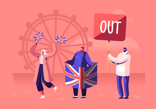 Multidão de pessoas com as bandeiras tradicionais da Grã-Bretanha, apoiadores do Anti Brexit em manifestação pela saída do Reino Unido da União Europeia. Ilustração plana dos desenhos animados
