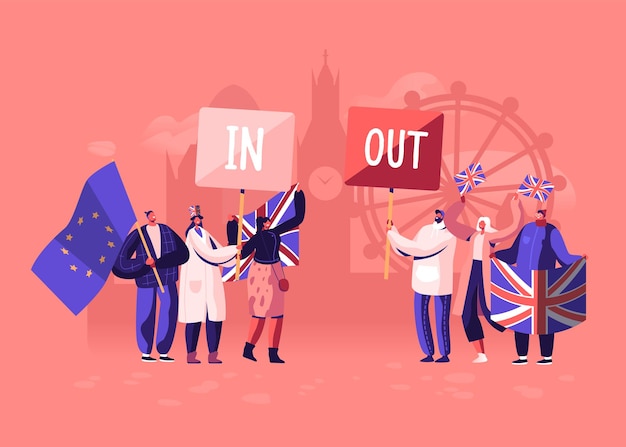Multidão de pessoas com as bandeiras tradicionais da Grã-Bretanha e da União Europeia separadas no Brexit e apoiadores do Anti Brexit em manifestação. Ilustração plana dos desenhos animados