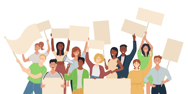 Multidão de pessoas protestando com banners, bandeiras. Reunião política e conceito de protesto. Pessoas que participam de desfiles ou manifestações. Manifestantes ou ativistas masculinos e femininos.