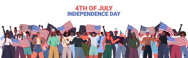 multidão de pessoas segurando bandeiras dos EUA comemorando, banner do dia da independência americana de 4 de julho
