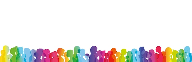 Vetor multidão falando diálogo entre pessoas de diferentes idades e grupos étnicos perfil colorido do arco-íris