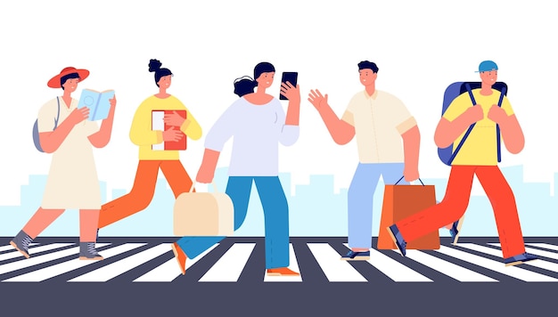 Multidão na faixa de pedestres Pessoas andando na rua da cidade Turistas do centro urbano Empresário e estudantes personagens conceito de vetor