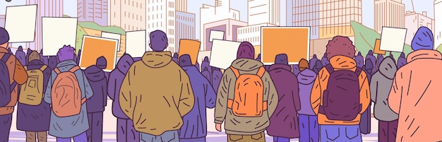 Multidão protesta cena urbana pessoas segurando sinais paisagem urbana colorida grupo diversificado roupas de inverno
