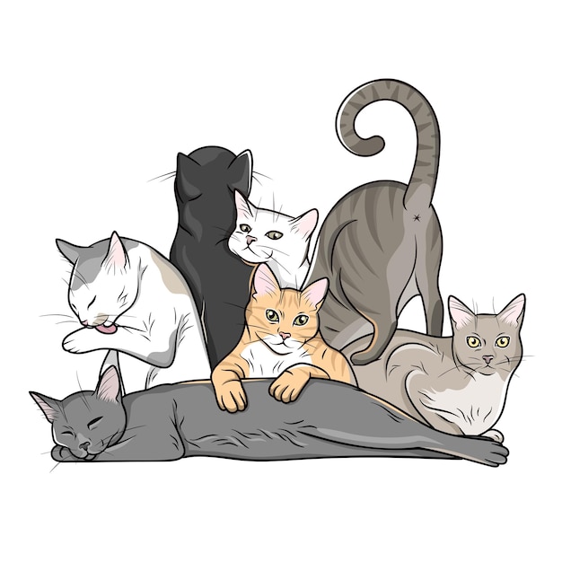 Vetor multidão, reunião de gatos engraçados em várias poses, desenho animado, ilustração em quadrinhos