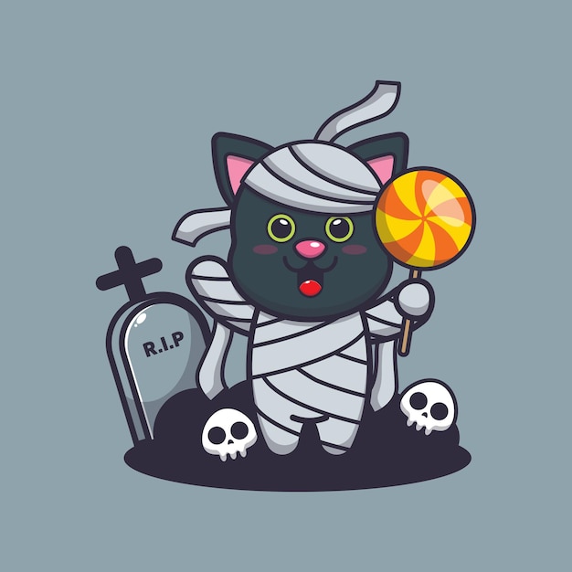 Vetor múmia de gato fofo segurando doce ilustração de desenho animado fofo de halloween