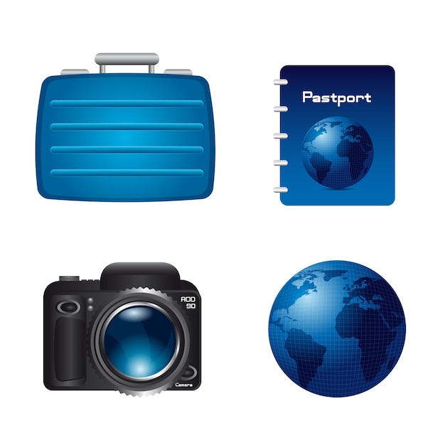 Mundo de mala com passaporte e câmera isolado