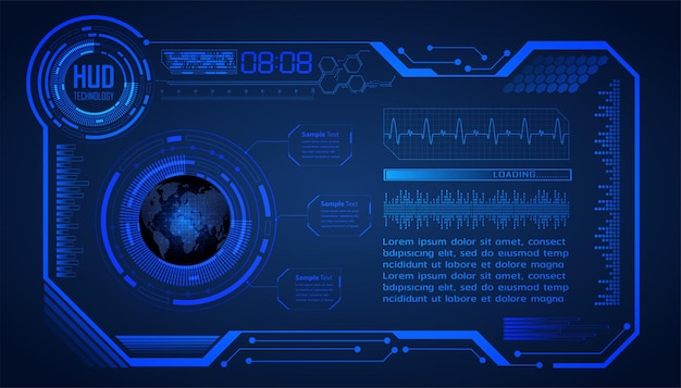 Mundo hud placa de circuito binário tecnologia futura azul hud fundo do conceito de segurança cibernética