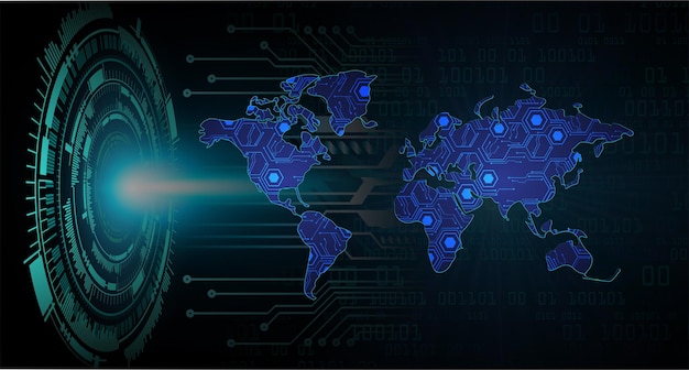 Vetor mundo placa de circuito binário tecnologia futura azul hud conceito de segurança cibernética fundo