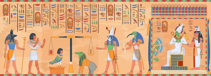 Vetor mural egípcio egito templo religioso afresco étnico murais antigos antiguidade arte parede antiguidade mitologia hieróglifo ornamento morte borderwall engenhoso ilustração vetorial da civilização egiptologia