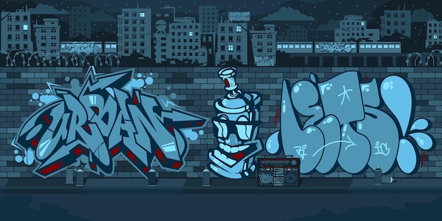 Muro de graffiti urbano ao ar livre com desenhos à noite contra o fundo da arte da ilustração vetorial cityscape