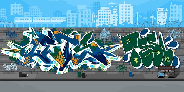 Vetor muro de graffiti urbano ao ar livre com desenhos contra o fundo da arte da ilustração vetorial cityscape