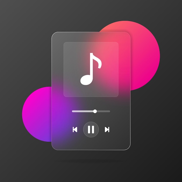 Music player ui estilo vidro desfocado gradiente nota musical com interface do player no estilo glassmorphism