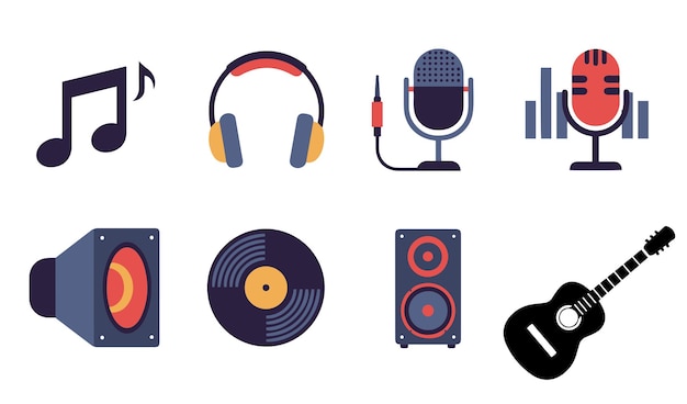 Música Áudio Som fone de ouvido microfone teclado estúdio de gravação de produção musical conjunto vetorial de símbolos