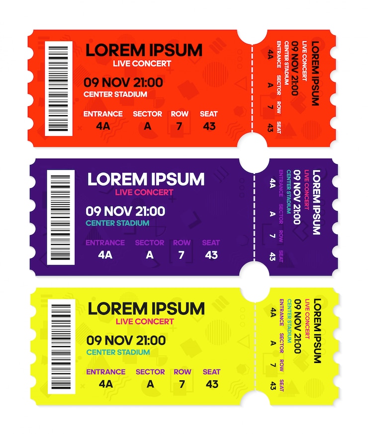 Vetor música de concerto ao vivo ou dança, modelos de ingressos.