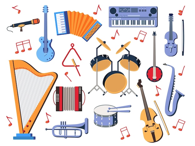 Música de fundo Instrumentos de orquestra Gitarra e saxofone Piano para hobby e educação Notas musicais Microfone ou sintetizador Equipamento de banda de jazz Ilustração vetorial