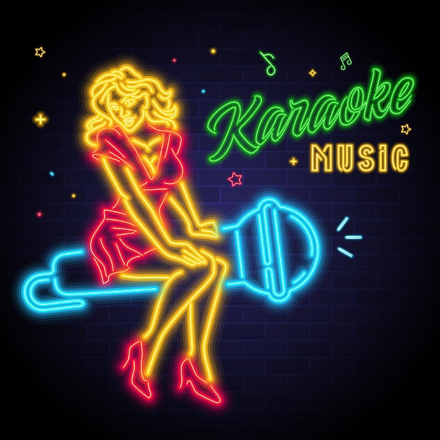 Música de karaokê com elementos brilhantes de luz neon silhueta de mulher cantora e cor brilhante