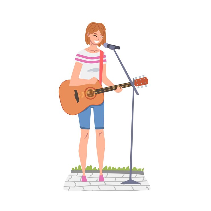 Vetor músico de rua feminino tocando guitarra acústica e cantando performance ao vivo conceito ilustração vetorial de estilo de desenho animado