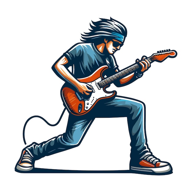 Vetor músico tocando guitarra elétrica rockstar guitarrista ilustração vetorial de design