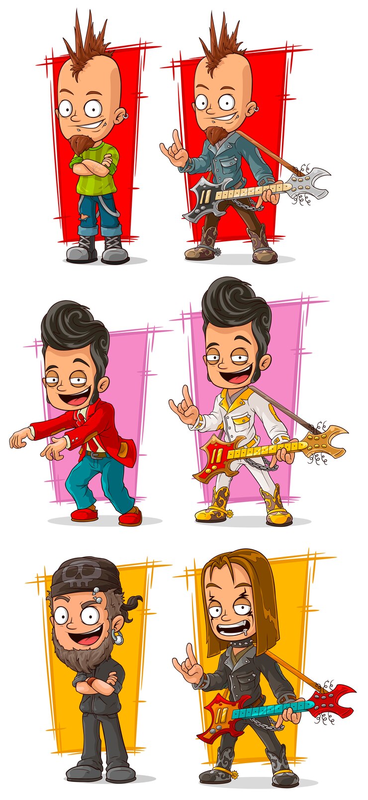 Vetor músicos de rock dos desenhos animados com conjunto de caracteres de guitarra