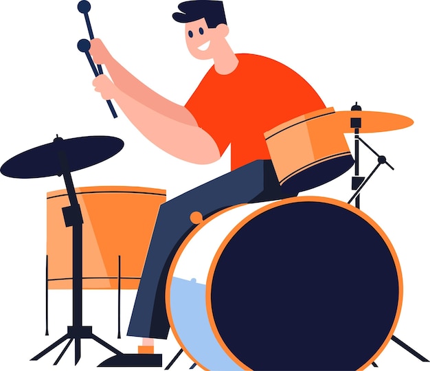 Vetor músicos desenhados à mão tocando bateria em estilo simples isolado no fundo