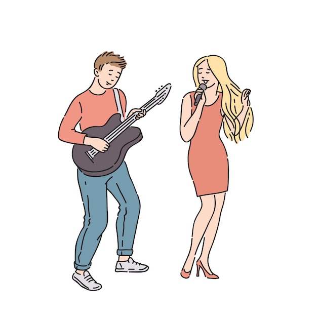 Músicos homem e mulher. cara de jeans tocando guitarra garota cantando no microfone. ilustração no estilo de arte linha isolado no branco